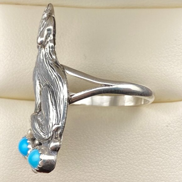 RARE Vtg Running Bear Trading Gallop Turquoise Sterling Silver Wolf Ring Sz 9.5 - Picture 11 of 16